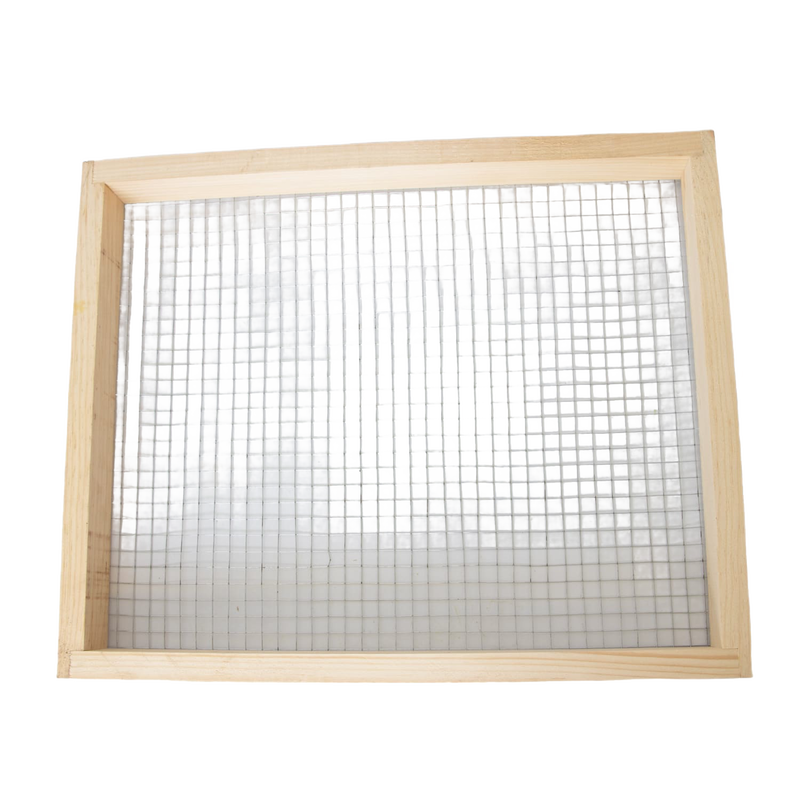 Handcrafted 10-frame wooden candy board feeder with wire mesh, Amish made in the USA, designed for beekeeping supplies and farm garden tool collections.