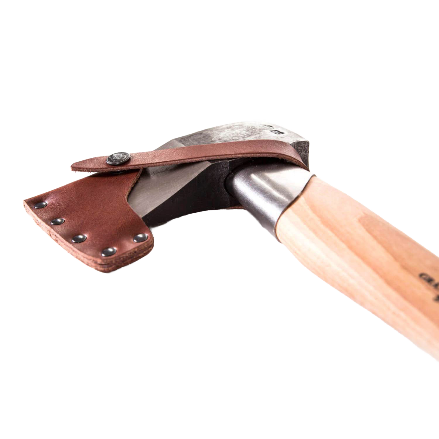 Splitting axe with a sharp forged steel head and a smooth wooden handle, featuring a sturdy leather sheath with metal rivets, ideal for farm, garden, and woodcutting tasks.