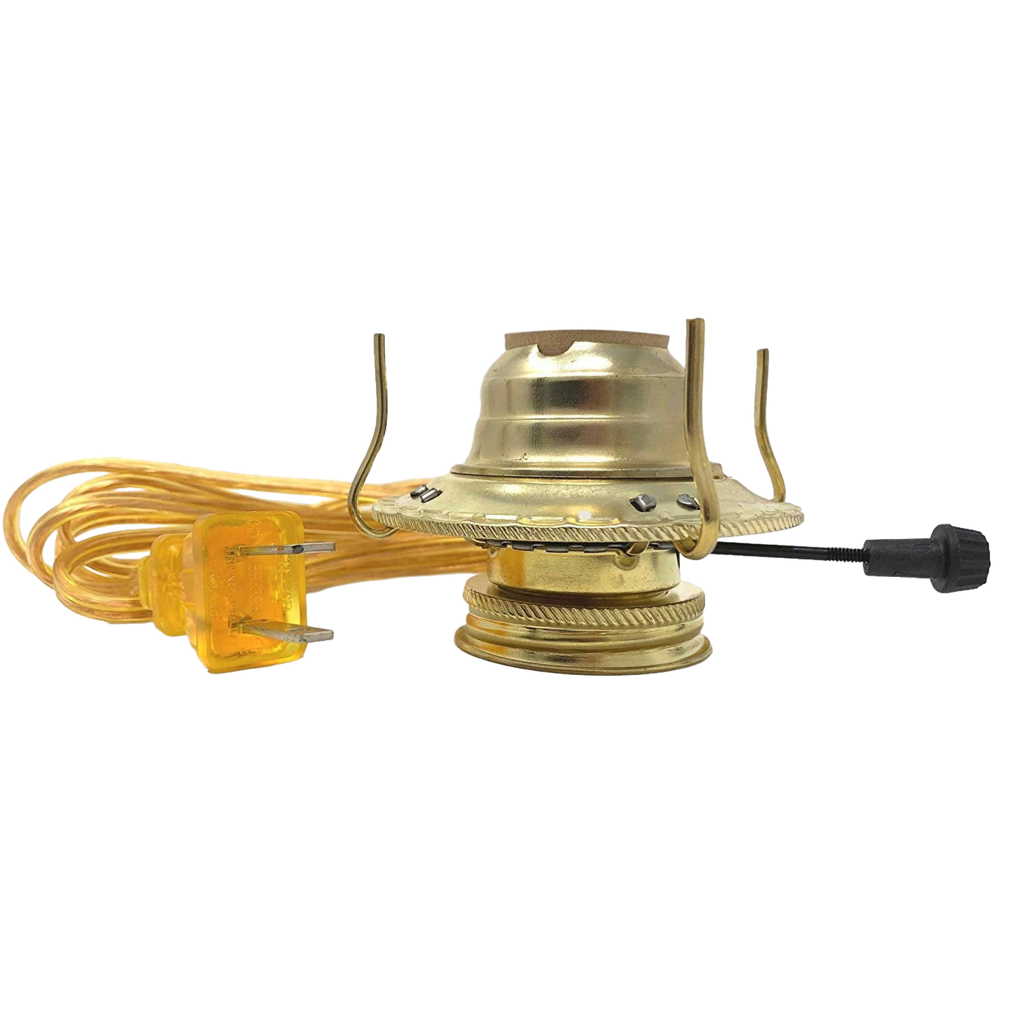 Handcrafted brass plated electrified burner with removable screw-on collar and threaded base, featuring UL listed 6 ft. clear gold cord, ideal for Lamps & Lighting, Parts and Accessories, and Electric Conversion collections.