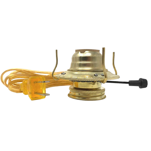 Handcrafted brass plated electrified burner with removable screw-on collar and threaded base, featuring UL listed 6 ft. clear gold cord, ideal for Lamps & Lighting, Parts and Accessories, and Electric Conversion collections.