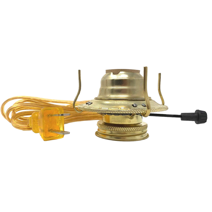 Handcrafted brass plated electrified burner with removable screw-on collar and threaded base, featuring UL listed 6 ft. clear gold cord, ideal for Lamps & Lighting, Parts and Accessories, and Electric Conversion collections.