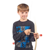 Child aiming a handcrafted wooden bow with suction cup arrow, part of a unique toy archery set designed for children’s indoor and outdoor play in Toys, Books & Games collections.