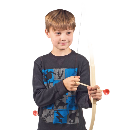 Child aiming a handcrafted wooden bow with suction cup arrow, part of a unique toy archery set designed for children’s indoor and outdoor play in Toys, Books & Games collections.