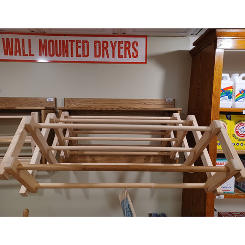 Handcrafted Amish made wooden accordion wall clothes dryer in natural finish with multiple drying rods, designed for efficient use in Home & Decor, Laundry Supplies, and USA Made collections.