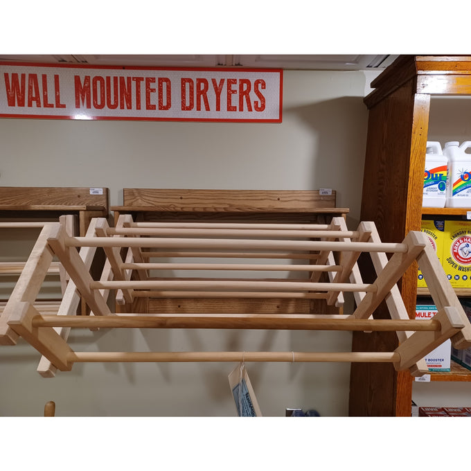Handcrafted Amish made wooden accordion wall clothes dryer in natural finish with multiple drying rods, designed for efficient use in Home & Decor, Laundry Supplies, and USA Made collections.