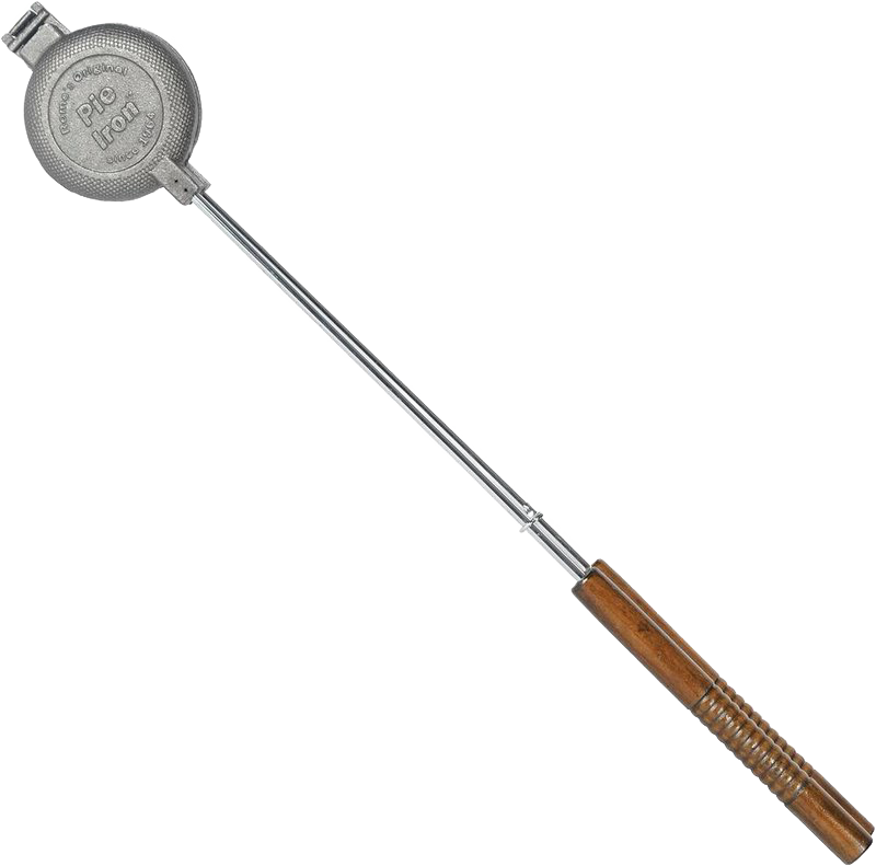 Cast iron round pie iron with metal handle and wooden grip, designed for camping and outdoor cooking, featured in Farm, Garden & Tool, Best Sellers, and Promo Eligible collections.