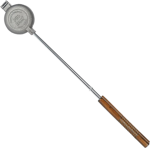Cast iron round pie iron with metal handle and wooden grip, designed for camping and outdoor cooking, featured in Farm, Garden & Tool, Best Sellers, and Promo Eligible collections.