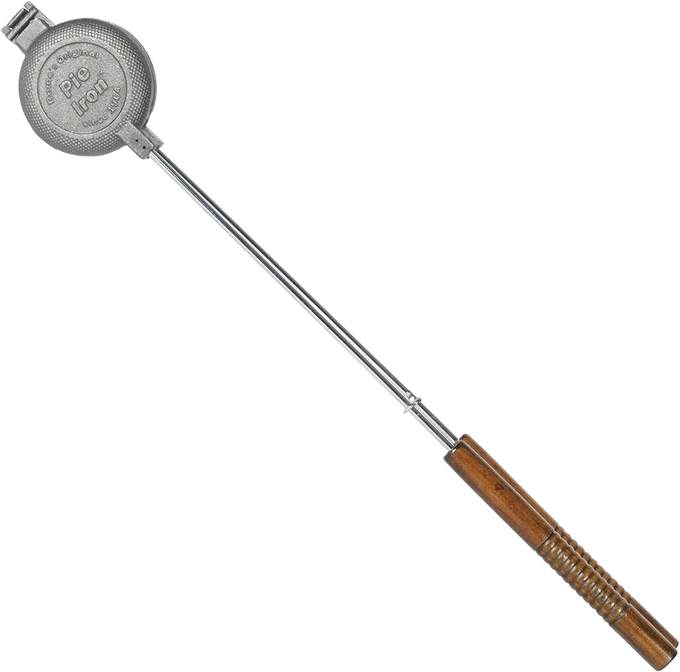 Cast iron round pie iron with metal handle and wooden grip, designed for camping and outdoor cooking, featured in Farm, Garden & Tool, Best Sellers, and Promo Eligible collections.