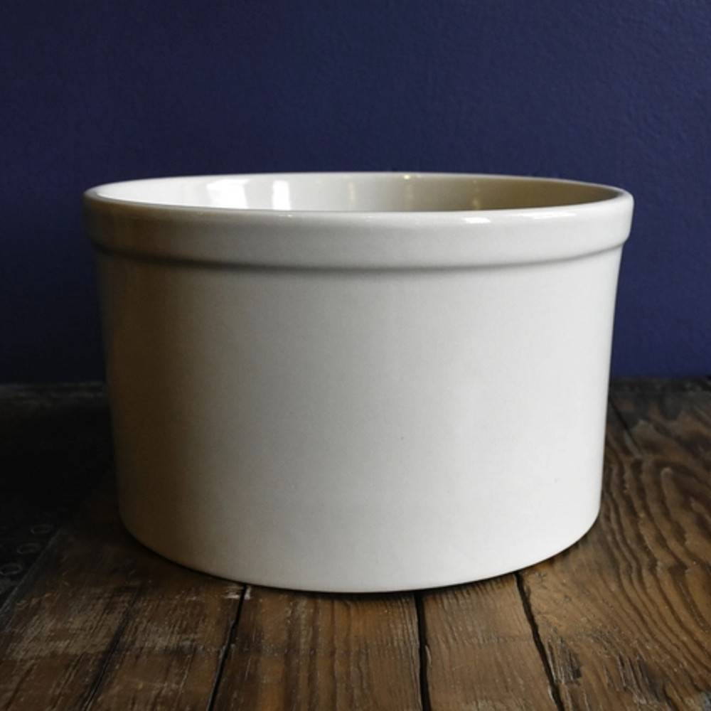 Simple white stoneware crock with smooth, food-safe glaze, ideal for fermenting and pickling in kitchen & food, food preservation, and USA made collections.