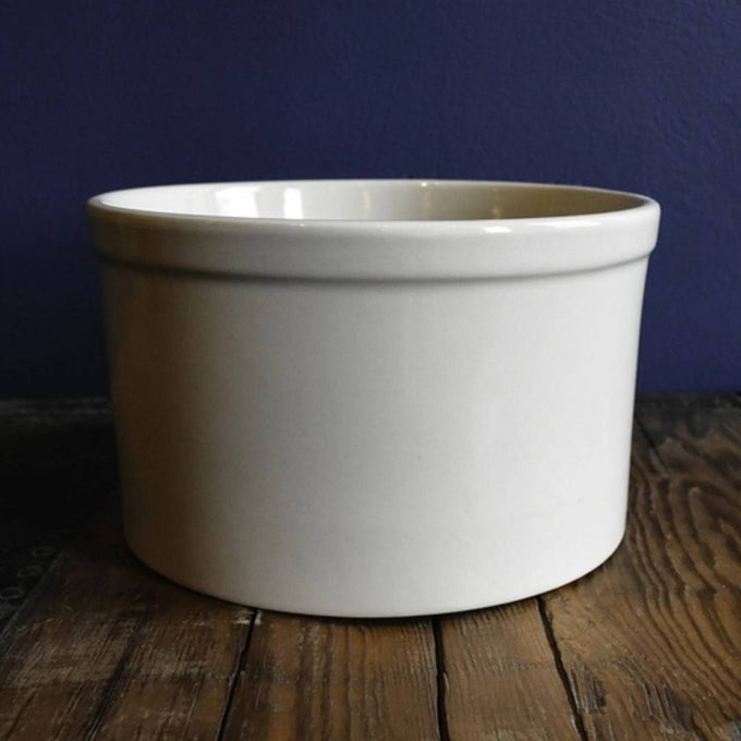 Simple white stoneware crock with smooth, food-safe glaze, ideal for fermenting and pickling in kitchen & food, food preservation, and USA made collections.