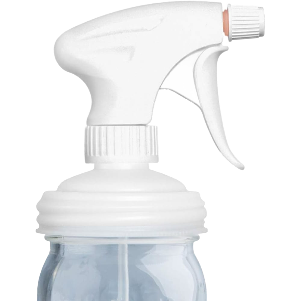 White plastic sprayer lid with adjustable nozzle and trigger, designed to fit regular-mouth Mason jars, made in USA for Home & Decor, Household Helpers, Best Sellers collections.
