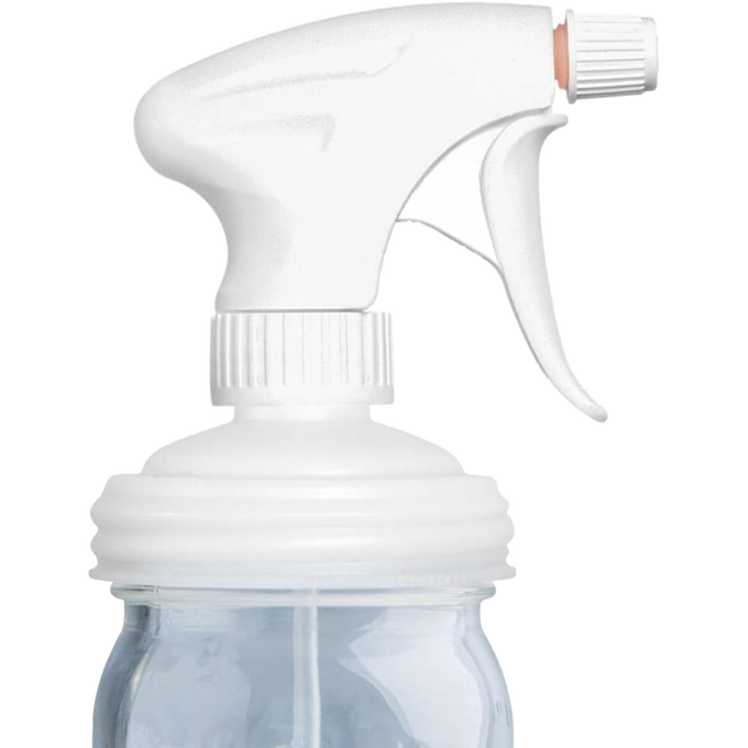 White plastic sprayer lid with adjustable nozzle and trigger, designed to fit regular-mouth Mason jars, made in USA for Home & Decor, Household Helpers, Best Sellers collections.