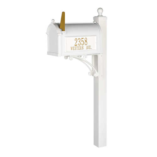 White and gold custom mailbox with post, showcasing elegant address personalization and handcrafted American design, ideal for Home & Decor and USA Made collections.