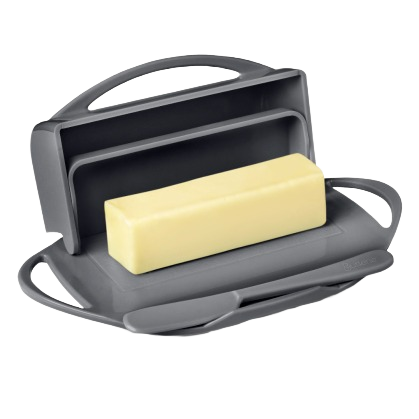 Gray flip-top butter dish holding a rectangular stick of butter with a matching spreader resting in a molded cradle, designed for tidy, mess-free use in Kitchen Gadgets and Storage and Serving collections.