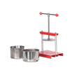 Compact stainless steel press with red metal frame and dual containers, designed for juice, wine, and cheese making, featured in Kitchen & Food and DIY Cheese collections.