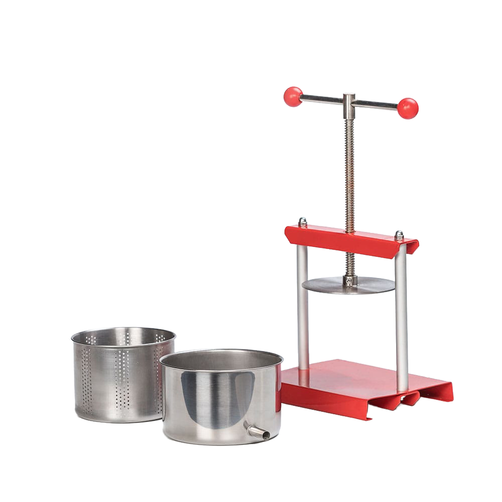 Compact stainless steel press with red metal frame and dual containers, designed for juice, wine, and cheese making, featured in Kitchen & Food and DIY Cheese collections.