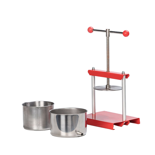 Compact stainless steel press with red metal frame and dual containers, designed for juice, wine, and cheese making, featured in Kitchen & Food and DIY Cheese collections.