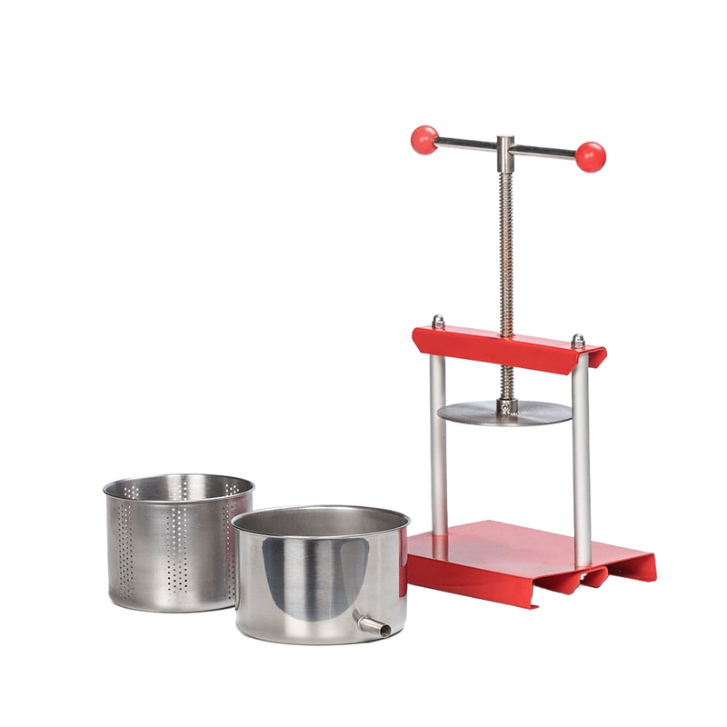 Compact stainless steel press with red metal frame and dual containers, designed for juice, wine, and cheese making, featured in Kitchen & Food and DIY Cheese collections.