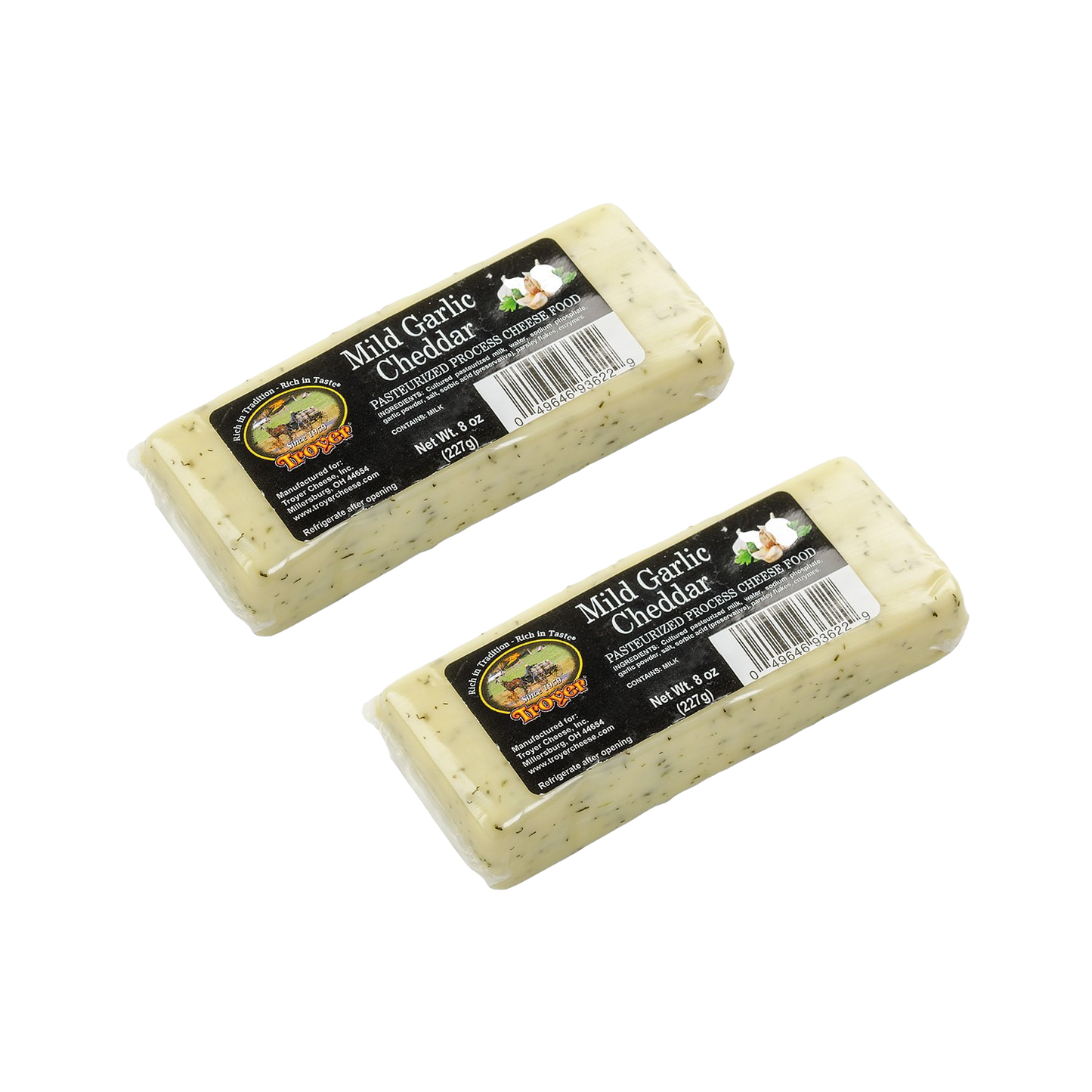 Two handcrafted mild garlic cheddar pasteurized cheese food blocks, 8 ounces each, made in USA, ideal for Kitchen & Food, Snacks and Sweets, Pantry, USA Made, Best Sellers, and Promo Eligible collections.