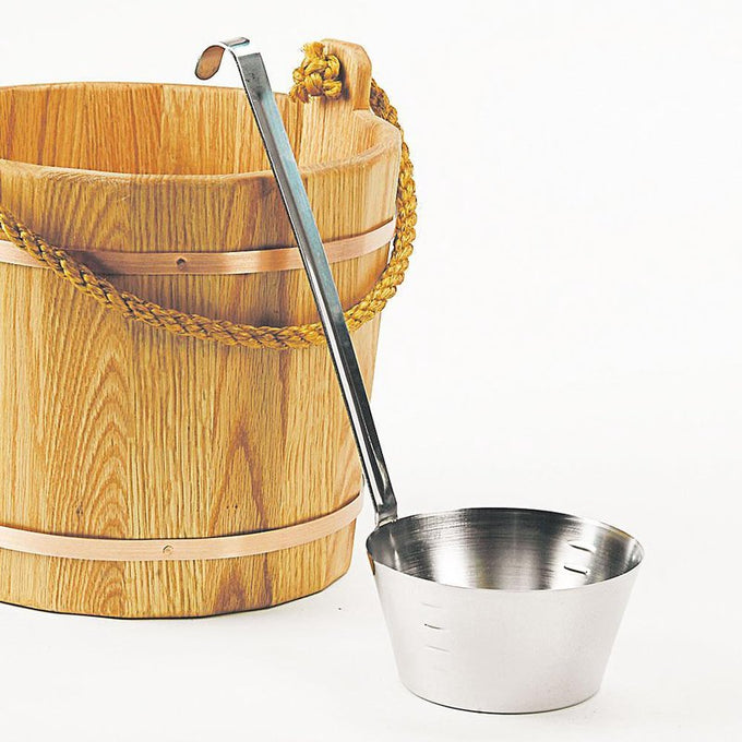 Handcrafted stainless steel water dipper with an 11-inch handle and flat bottom, inspired by Amish schoolhouse style, ideal for Kitchen & Food, Canning, and Storage collections.