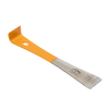 Metal beekeeping tool with an orange handle featuring an angled end for prying hive frames, a beveled edge for scraping wax, and a nail pulling hole, ideal for farm and garden use.