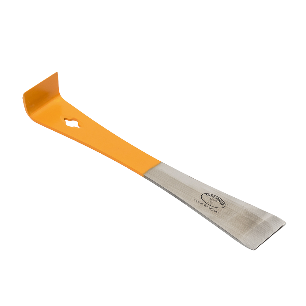 Metal beekeeping tool with an orange handle featuring an angled end for prying hive frames, a beveled edge for scraping wax, and a nail pulling hole, ideal for farm and garden use.
