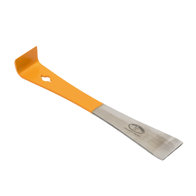 Metal beekeeping tool with an orange handle featuring an angled end for prying hive frames, a beveled edge for scraping wax, and a nail pulling hole, ideal for farm and garden use.