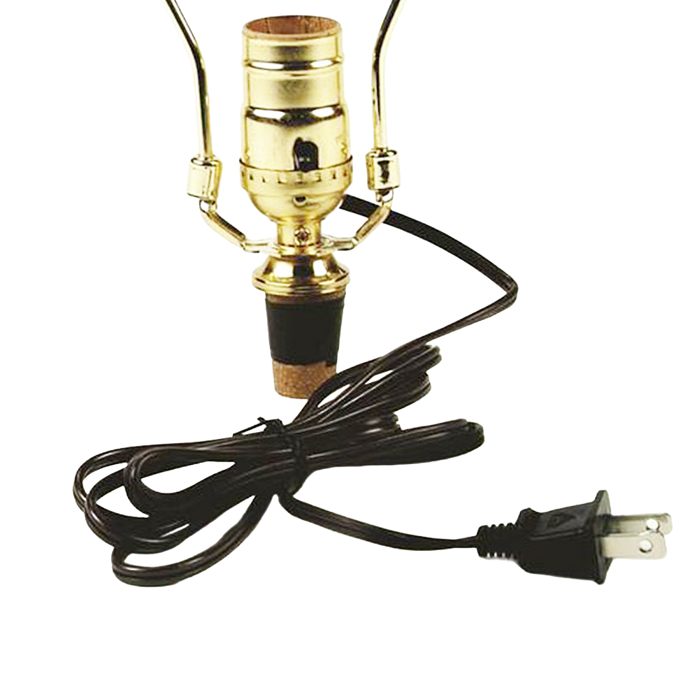 Brass-plated push-thru socket with adjustable cork adapter and attached six-foot cord, designed for electric light conversions in lamps and lighting, featured in parts and accessories.