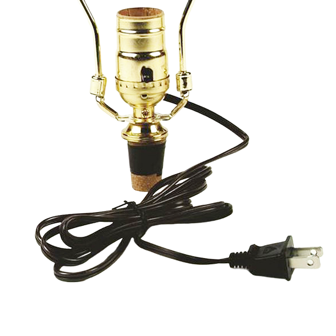 Brass-plated push-thru socket with adjustable cork adapter and attached six-foot cord, designed for electric light conversions in lamps and lighting, featured in parts and accessories.