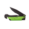 Handcrafted survival folding knife with green and black handle, featuring serrated safety blade and built-in seatbelt cutter, ideal for Farm, Garden & Tool, Camping, and Emergency Supplies collections.