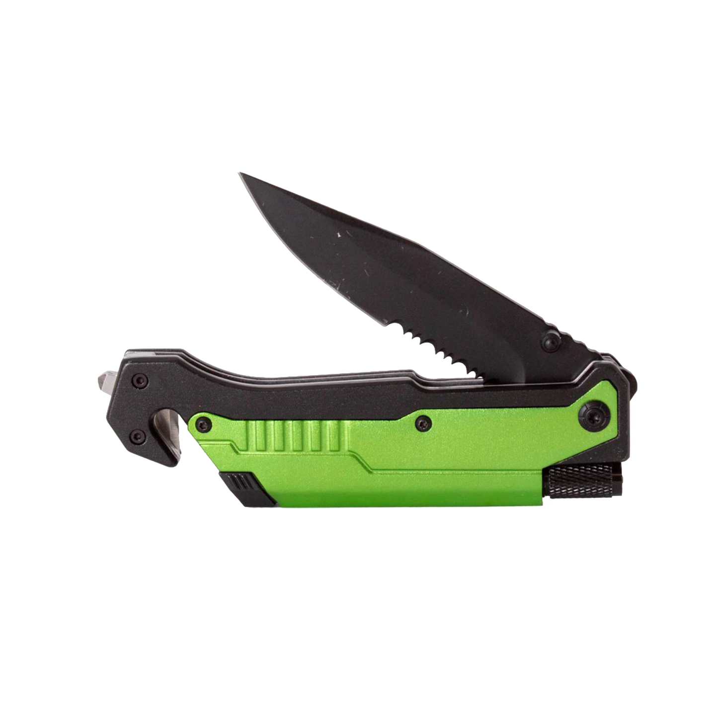 Handcrafted survival folding knife with green and black handle, featuring serrated safety blade and built-in seatbelt cutter, ideal for Farm, Garden & Tool, Camping, and Emergency Supplies collections.