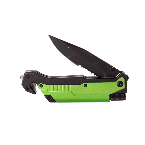 Handcrafted survival folding knife with green and black handle, featuring serrated safety blade and built-in seatbelt cutter, ideal for Farm, Garden & Tool, Camping, and Emergency Supplies collections.