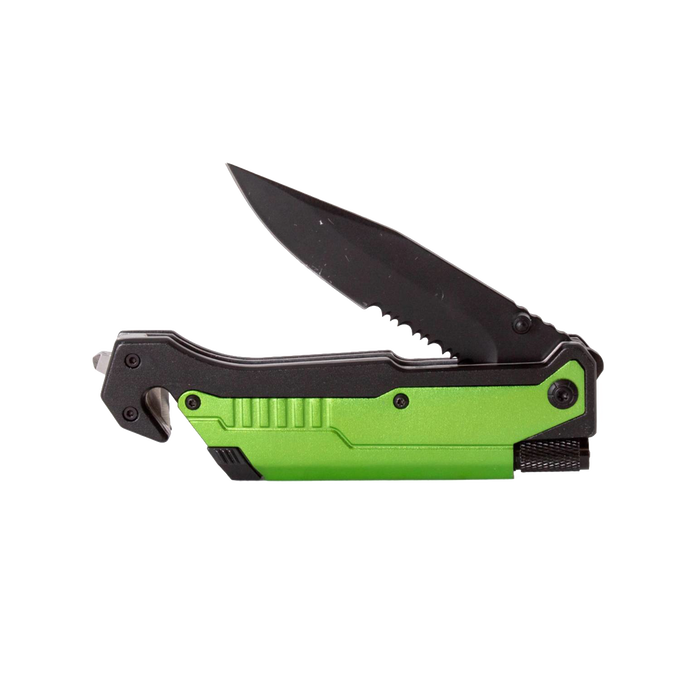 Handcrafted survival folding knife with green and black handle, featuring serrated safety blade and built-in seatbelt cutter, ideal for Farm, Garden & Tool, Camping, and Emergency Supplies collections.