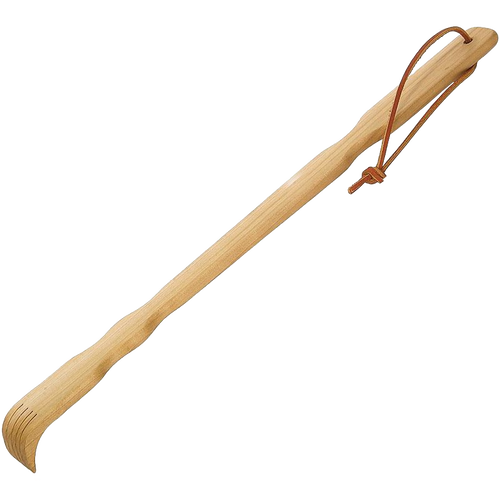 Handcrafted wooden backscratcher made in USA from smooth poplar wood with a curved scratching end and sturdy handle, perfect for Health & Wellness and Grooming and Personal Hygiene collections.