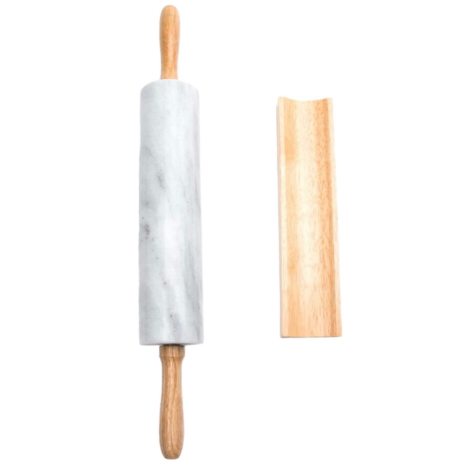 Heavy marble rolling pin with wooden handles paired with a wooden stand, designed for smooth dough rolling, featured in Kitchen & Food, Cookware, Baking Supplies, and Best Sellers collections.