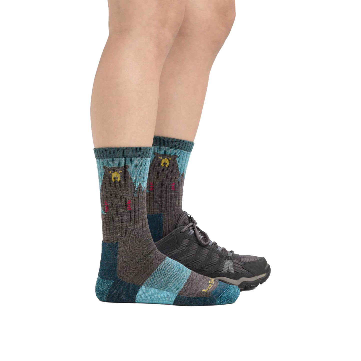 Pair of women's micro crew socks featuring a bear design in earthy tones, lightly cushioned and breathable, perfect for camping, hiking, and outdoor activities in Health & Wellness and USA Made collections.