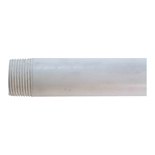 Close-up of a white PVC drop pipe section with threaded end, part of a handcrafted USA made deep well pump accessory for water pump installations and repair.