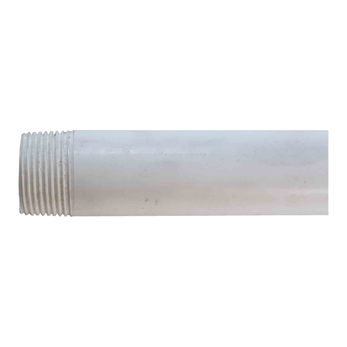 Close-up of a white PVC drop pipe section with threaded end, part of a handcrafted USA made deep well pump accessory for water pump installations and repair.