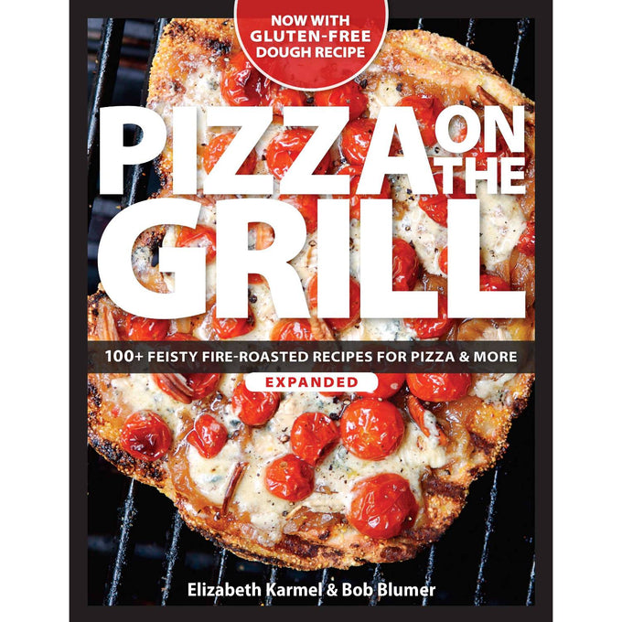 Cover of a cookbook titled Pizza on the Grill featuring a fire-roasted pizza with melted cheese and cherry tomatoes on a grill grate, part of cookbooks and best sellers collections.