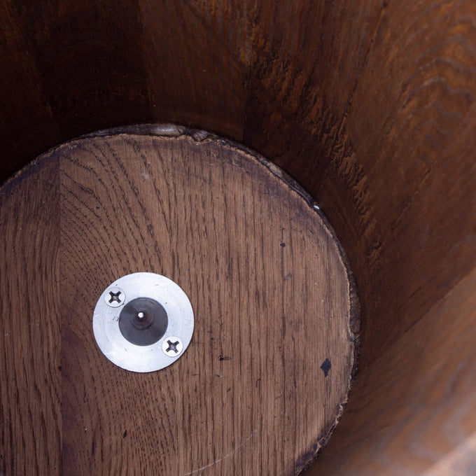 Close-up view of the handcrafted wooden interior base of a Lehman's Amish made ice cream freezer, showcasing rugged construction for Kitchen & Food, Specialty Equipment, and USA Made collections.
