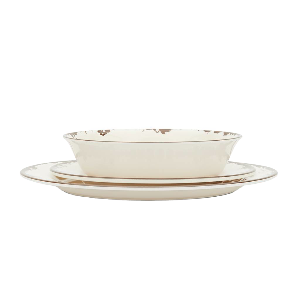 Set of three rustic melamine plates and bowl in off white with distressed trim, designed for durable everyday use in Kitchen & Food, Storage and Serving, Best Sellers, and Promo Eligible collections.