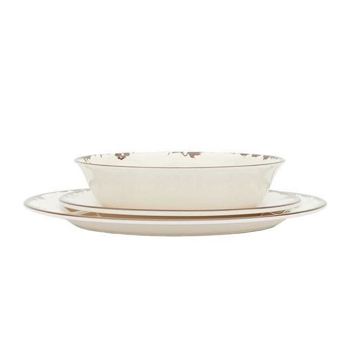 Set of three rustic melamine plates and bowl in off white with distressed trim, designed for durable everyday use in Kitchen & Food, Storage and Serving, Best Sellers, and Promo Eligible collections.