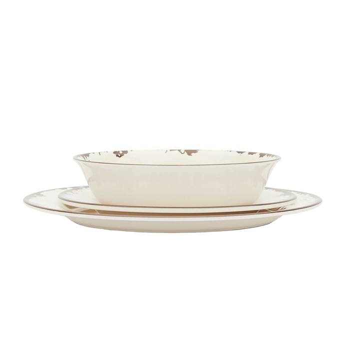 Set of three rustic melamine plates and bowl in off white with distressed trim, designed for durable everyday use in Kitchen & Food, Storage and Serving, Best Sellers, and Promo Eligible collections.