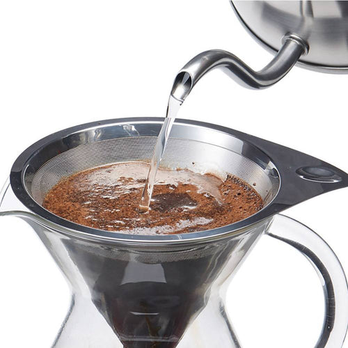 Close-up of water being poured from a stainless steel kettle into a stainless steel micro-filter brewing coffee in a clear glass carafe, ideal for brewing coffee and tea collections.