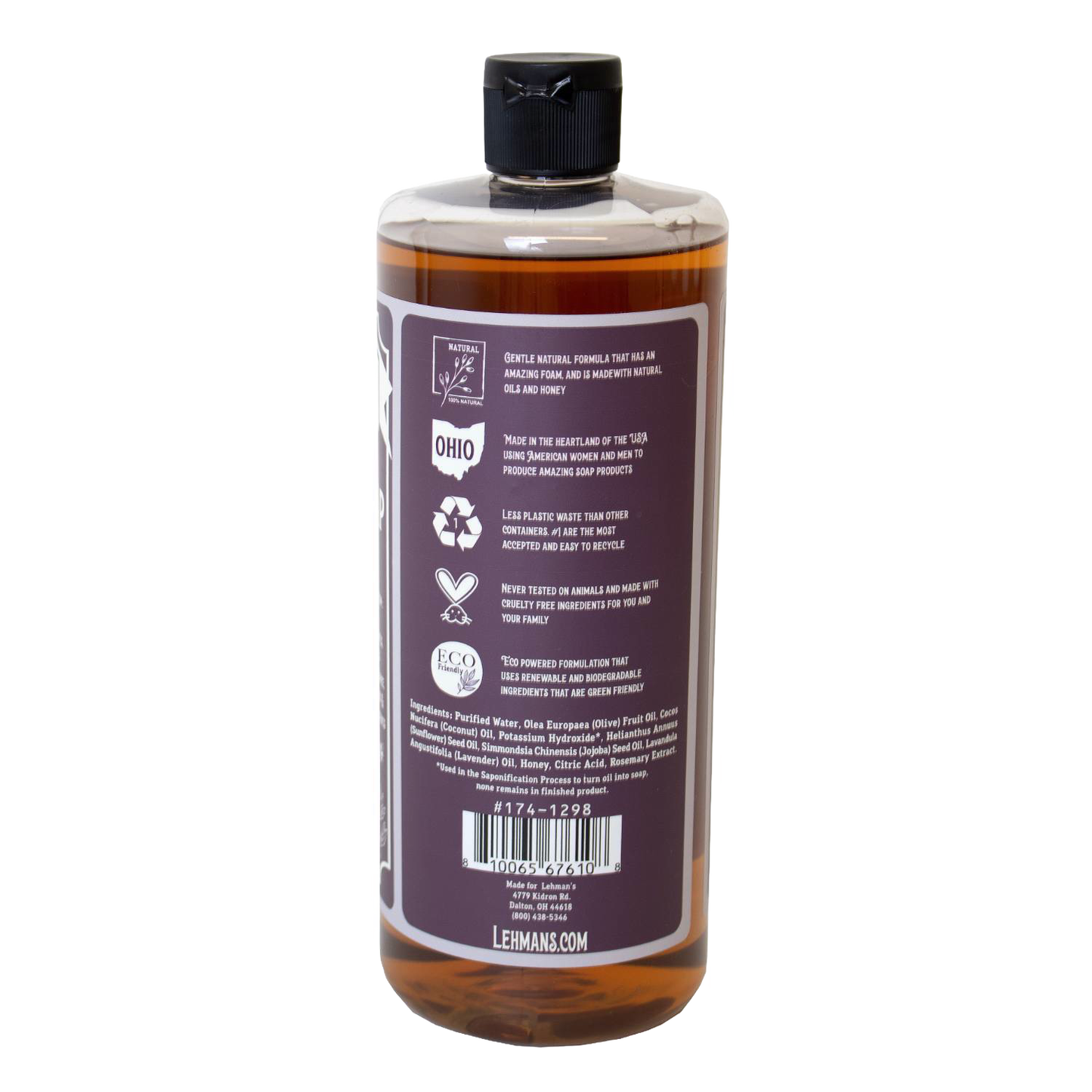 Back view of a handcrafted amber bottle of Lehman's Castile Concentrated Liquid Soap - 32 fl oz, highlighting its natural plant-based formula, eco-friendly packaging, cruelty-free ingredients, and USA-made quality for Health & Wellness, Grooming, and Soaps collections.