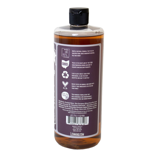 Back view of a handcrafted amber bottle of Lehman's Castile Concentrated Liquid Soap - 32 fl oz, highlighting its natural plant-based formula, eco-friendly packaging, cruelty-free ingredients, and USA-made quality for Health & Wellness, Grooming, and Soaps collections.