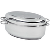 Polished stainless steel roaster pan with matching lid and side handles, 12-quart capacity, designed for cooking large meals; featured in Kitchen & Food, Cookware, and Best Sellers collections.