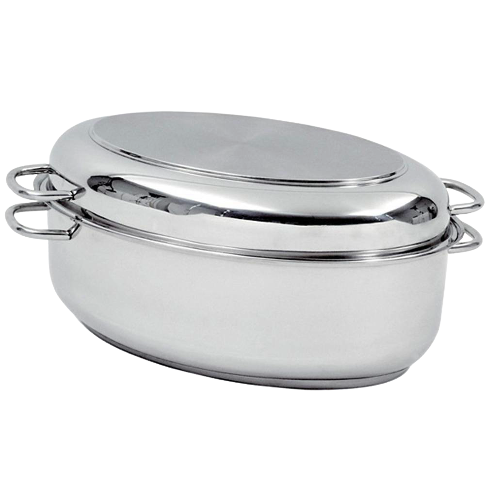 Polished stainless steel roaster pan with matching lid and side handles, 12-quart capacity, designed for cooking large meals; featured in Kitchen & Food, Cookware, and Best Sellers collections.