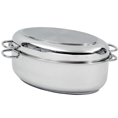 Polished stainless steel roaster pan with matching lid and side handles, 12-quart capacity, designed for cooking large meals; featured in Kitchen & Food, Cookware, and Best Sellers collections.