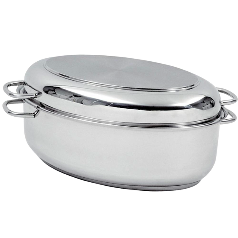 Polished stainless steel roaster pan with matching lid and side handles, 12-quart capacity, designed for cooking large meals; featured in Kitchen & Food, Cookware, and Best Sellers collections.